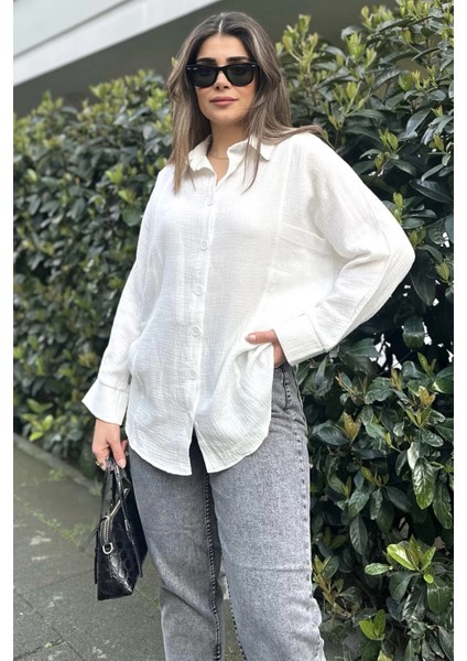 Kadın Ekru Yarasa Kol, Cep Detaylı, Salaş Müslin Gömlek indirimleri