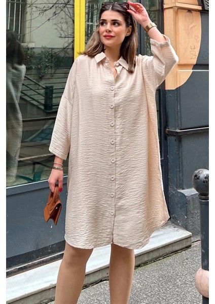Kadın Bej Katlamalı Yarım Kol Eteği Oval Kesim Midi Boy Salaş Keten Gömlek Elbise