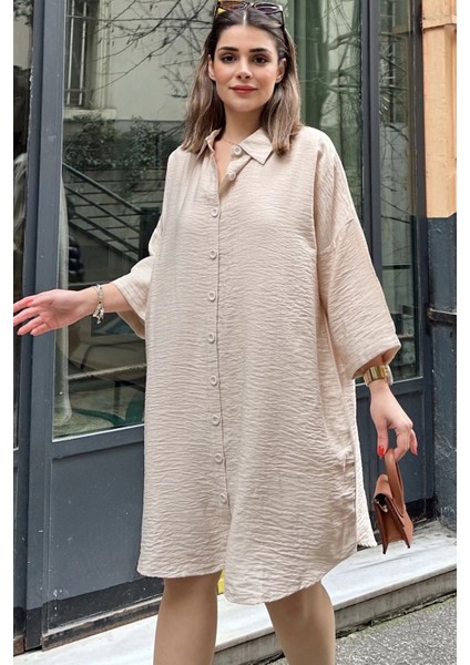 Kadın Bej Katlamalı Yarım Kol Eteği Oval Kesim Midi Boy Salaş Keten Gömlek Elbise fiyatları