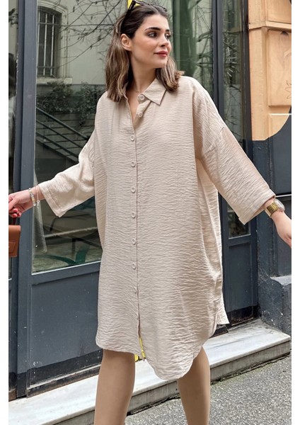 Kadın Bej Katlamalı Yarım Kol Eteği Oval Kesim Midi Boy Salaş Keten Gömlek Elbise modelleri