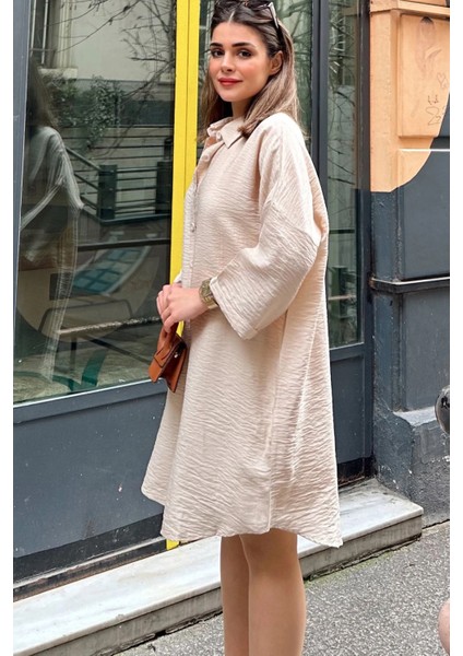 Kadın Bej Katlamalı Yarım Kol Eteği Oval Kesim Midi Boy Salaş Keten Gömlek Elbise fırsatları