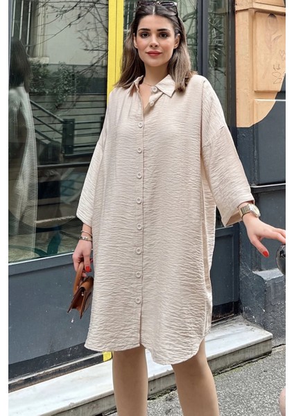 Kadın Bej Katlamalı Yarım Kol Eteği Oval Kesim Midi Boy Salaş Keten Gömlek Elbise indirimleri