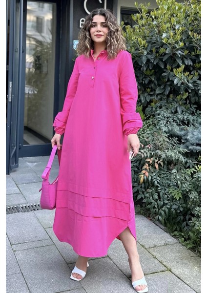 Kadın Fuşya Hakim Yaka Lastikli Balon Kol Etek Ve Kolu Kat Kumaş Dikişli Uzun Salaş Elbise
