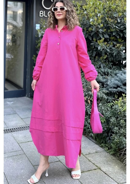 Kadın Fuşya Hakim Yaka Lastikli Balon Kol Etek Ve Kolu Kat Kumaş Dikişli Uzun Salaş Elbise fiyatları