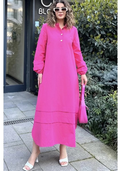 Kadın Fuşya Hakim Yaka Lastikli Balon Kol Etek Ve Kolu Kat Kumaş Dikişli Uzun Salaş Elbise modelleri