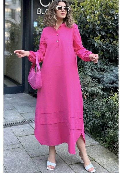 Kadın Fuşya Hakim Yaka Lastikli Balon Kol Etek Ve Kolu Kat Kumaş Dikişli Uzun Salaş Elbise fırsatları