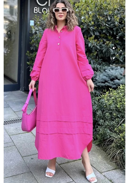 Kadın Fuşya Hakim Yaka Lastikli Balon Kol Etek Ve Kolu Kat Kumaş Dikişli Uzun Salaş Elbise indirimleri