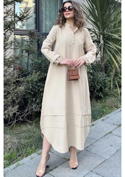 Kadın Bej Hakim Yaka Lastikli Balon Kol Etek Ve Kolu Kat Kumaş Dikişli Uzun Salaş Elbise