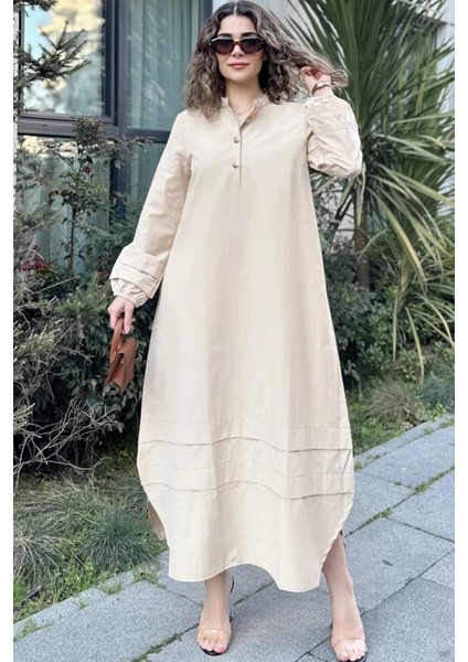 Kadın Bej Hakim Yaka Lastikli Balon Kol Etek Ve Kolu Kat Kumaş Dikişli Uzun Salaş Elbise fiyatları