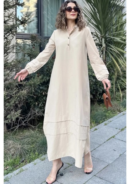 Kadın Bej Hakim Yaka Lastikli Balon Kol Etek Ve Kolu Kat Kumaş Dikişli Uzun Salaş Elbise modelleri
