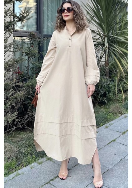 Kadın Bej Hakim Yaka Lastikli Balon Kol Etek Ve Kolu Kat Kumaş Dikişli Uzun Salaş Elbise fırsatları