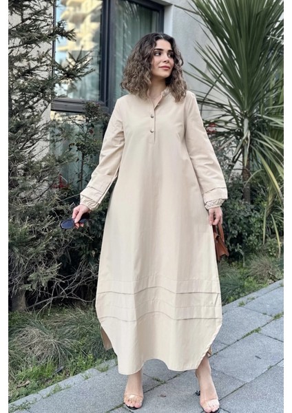 Kadın Bej Hakim Yaka Lastikli Balon Kol Etek Ve Kolu Kat Kumaş Dikişli Uzun Salaş Elbise indirimleri