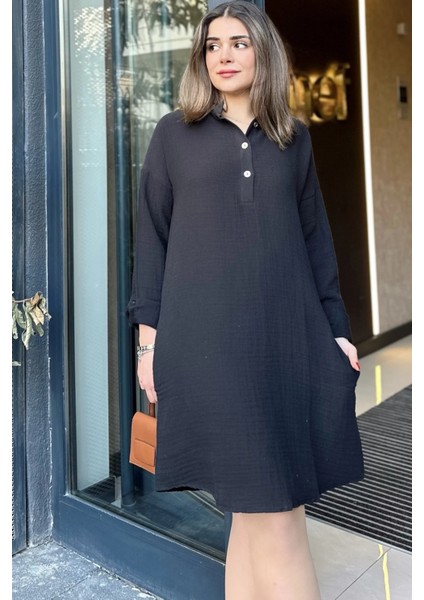 Kadın Siyah Hakim Yaka Katlamalı Geniş Kol Midi & Oversize Kesim Salaş Müslin Elbise