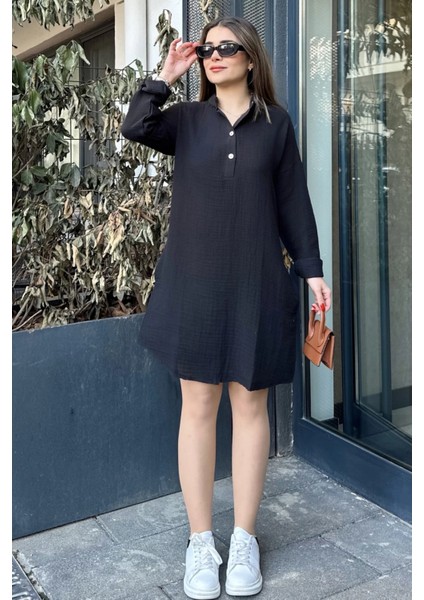 Kadın Siyah Hakim Yaka Katlamalı Geniş Kol Midi & Oversize Kesim Salaş Müslin Elbise fiyatları