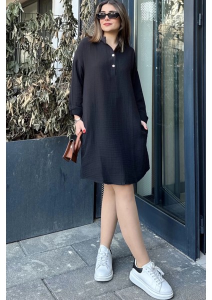 Kadın Siyah Hakim Yaka Katlamalı Geniş Kol Midi & Oversize Kesim Salaş Müslin Elbise modelleri