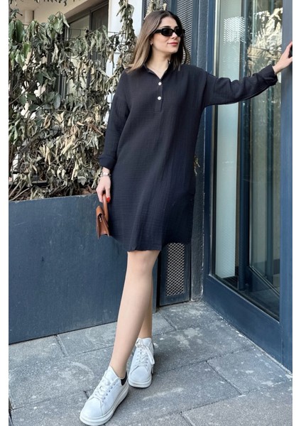 Kadın Siyah Hakim Yaka Katlamalı Geniş Kol Midi & Oversize Kesim Salaş Müslin Elbise fırsatları