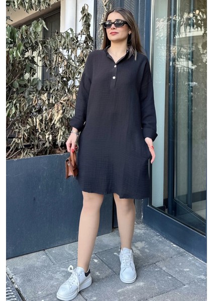 Kadın Siyah Hakim Yaka Katlamalı Geniş Kol Midi & Oversize Kesim Salaş Müslin Elbise indirimleri