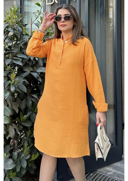 Kadın Hardal Hakim Yaka Katlamalı Geniş Kol Midi & Oversize Kesim Salaş Müslin Elbise