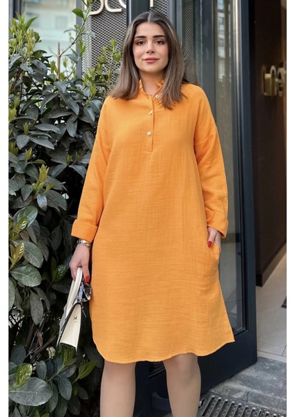 Kadın Hardal Hakim Yaka Katlamalı Geniş Kol Midi & Oversize Kesim Salaş Müslin Elbise fiyatları