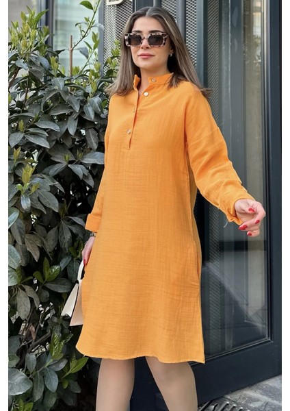 Kadın Hardal Hakim Yaka Katlamalı Geniş Kol Midi & Oversize Kesim Salaş Müslin Elbise indirimleri
