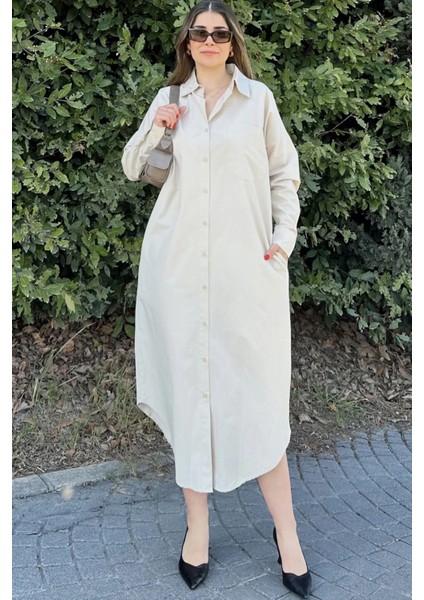 Kadın Ekru Uzun Kol Eteği Oval Kesim Uzun Ve Salaş Poplin Gömlek Elbise