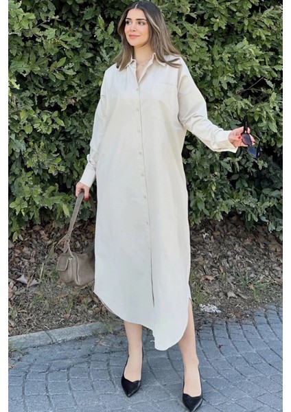 Kadın Ekru Uzun Kol Eteği Oval Kesim Uzun Ve Salaş Poplin Gömlek Elbise fiyatları