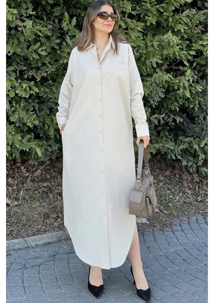 Kadın Ekru Uzun Kol Eteği Oval Kesim Uzun Ve Salaş Poplin Gömlek Elbise modelleri