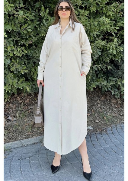 Kadın Ekru Uzun Kol Eteği Oval Kesim Uzun Ve Salaş Poplin Gömlek Elbise fırsatları