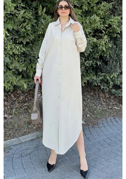 Kadın Ekru Uzun Kol Eteği Oval Kesim Uzun Ve Salaş Poplin Gömlek Elbise indirimleri