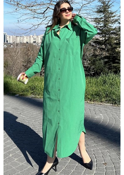 Kadın Yeşil Uzun Kol Eteği Oval Kesim Uzun Ve Salaş Poplin Gömlek Elbise fırsatları