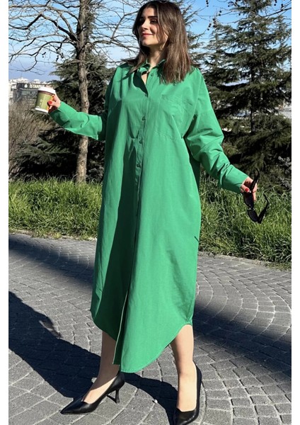 Kadın Yeşil Uzun Kol Eteği Oval Kesim Uzun Ve Salaş Poplin Gömlek Elbise indirimleri