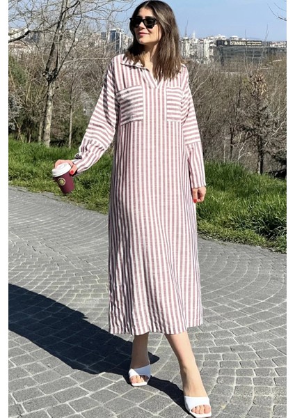 Kadın Bordo Çizgili Polo Yaka Yırtmaçlı Çift Cepli Salaş Keten Elbise modelleri