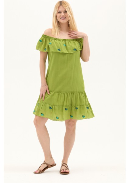 Fıstık Yeşili Kısa Kol Vual Nakışlı Kısa Yazlık Elbise