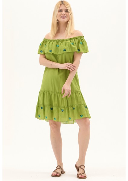 Fıstık Yeşili Kısa Kol Vual Nakışlı Kısa Yazlık Elbise fiyatları