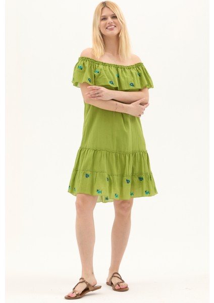 Fıstık Yeşili Kısa Kol Vual Nakışlı Kısa Yazlık Elbise modelleri