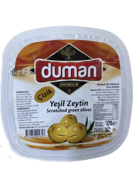 Duman Gurme Kahvalltılık Yeşil Çizik Zeytin 30 Adet 200 gr