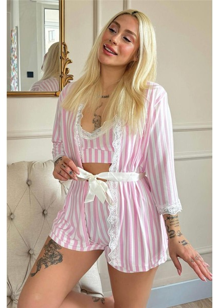 Toz Pembe Çizgi Desenli Bambu Crop Sabahlıklı Şortlu Pijama