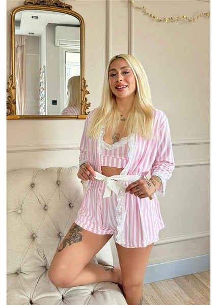 Toz Pembe Çizgi Desenli Bambu Crop Sabahlıklı Şortlu Pijama modelleri