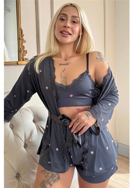 Füme Sunlit Desenli Bambu Crop Sabahlıklı Şortlu Kadın Pijama Takımı