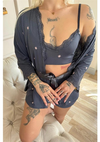 Füme Sunlit Desenli Bambu Crop Sabahlıklı Şortlu Kadın Pijama Takımı