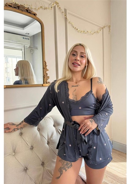 Füme Sunlit Desenli Bambu Crop Sabahlıklı Şortlu Kadın Pijama Takımı