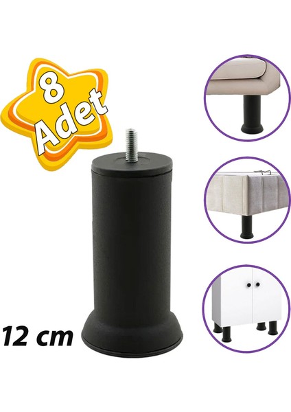 8 Adet Metal Destek Ayağı 12 cm Siyah Mobilya Kanepe Baza Koltuk Ayakları Metrik 8 Civatalı İnce Diş