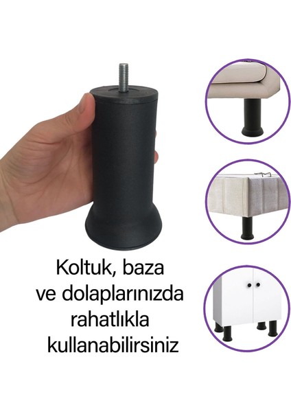 8 Adet Metal Destek Ayağı 12 cm Siyah Mobilya Kanepe Baza Koltuk Ayakları Metrik 8 Civatalı İnce Diş