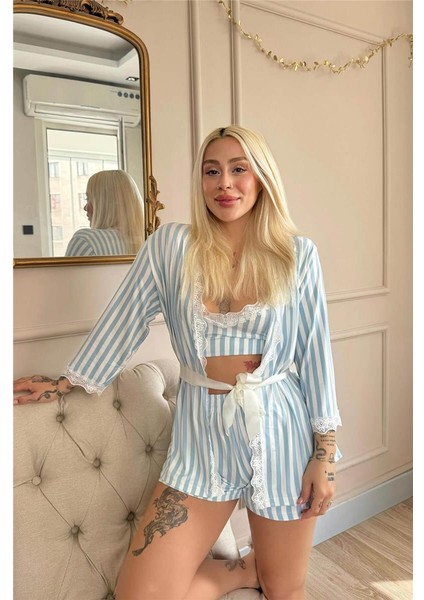 Mavi Çizgi Desenli Bambu Crop Sabahlıklı Şortlu Kadın Pijama Takımı