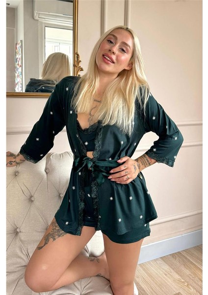 Zümrüt Sunlit Desenli Bambu Crop Sabahlıklı Şortlu Kadın Pijama Takımı fiyatları