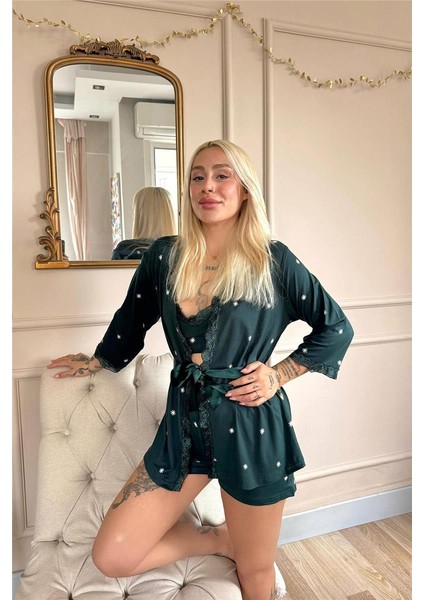 Zümrüt Sunlit Desenli Bambu Crop Sabahlıklı Şortlu Kadın Pijama Takımı modelleri