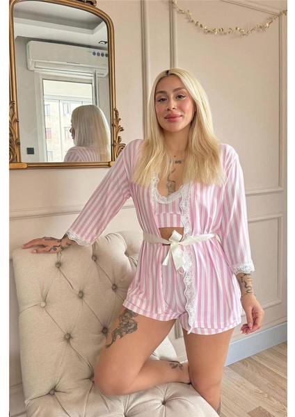 Toz Pembe Çizgi Desenli Bambu Crop Sabahlıklı Şortlu Pijama