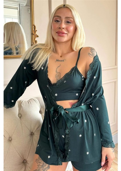 Zümrüt Sunlit Desenli Bambu Crop Sabahlıklı Şortlu Kadın Pijama Takımı