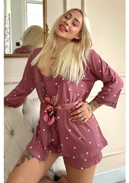 Kalp Pembe Desenli Bambu Crop Sabahlıklı Şortlu Pijama Takımı