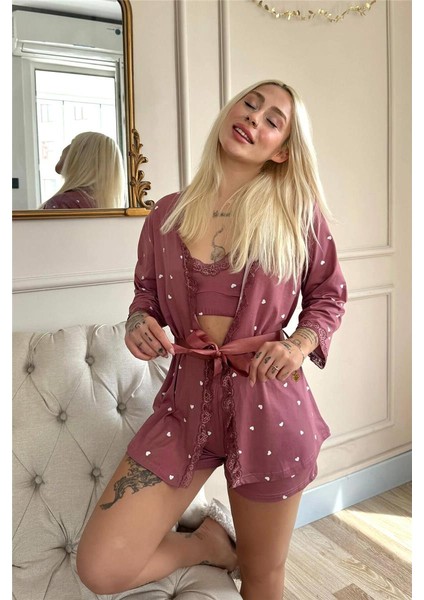 Kalp Pembe Desenli Bambu Crop Sabahlıklı Şortlu Pijama Takımı